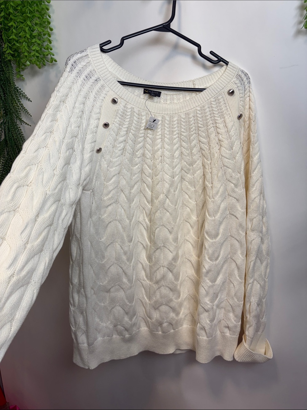 Talbots Ivory Cable-Knit Crew Sweater with Shoulder Buttons